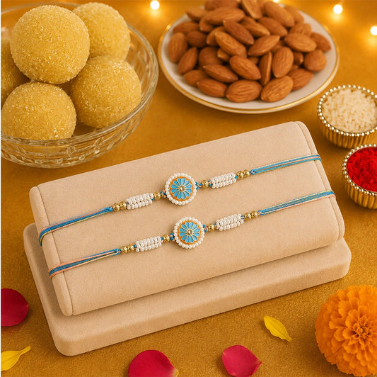 Set of 2 Meenakari Rakhi with Besan Laddoo & Almonds | Artisan Rakhi Hamper
