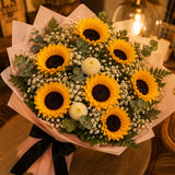 7 Sunflowers, White Daisy & Eucalyptus Botanical Bouquet
