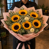 7 Sunflowers, White Daisy & Eucalyptus Botanical Bouquet