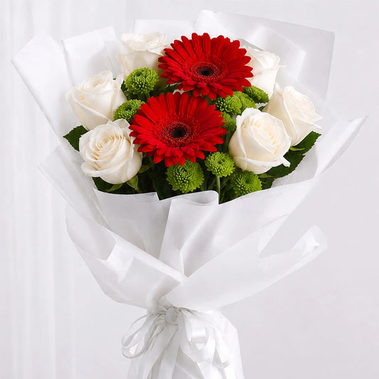 5 White Roses & Red Gerbera Mini Bouquet - Cheerful Birthday & Friendship Gift