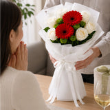 5 White Roses & Red Gerbera Mini Bouquet