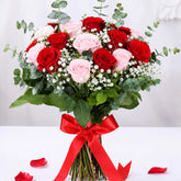8 Light Pink & 8 Red Roses Garden Bouquet with Eucalyptus