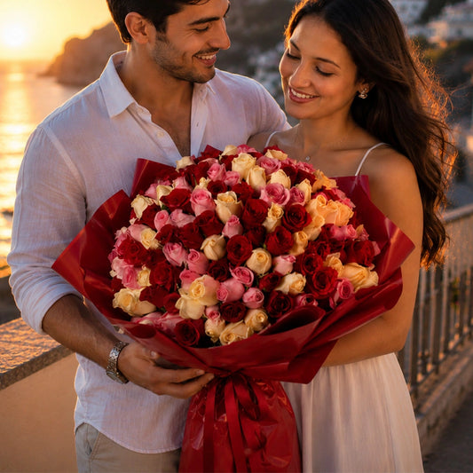 100 Mixed Roses in Red Premium Paper Bouquet - Luxury Anniversary & Birthday Gift