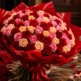100 Mixed Roses in Red Premium Paper Bouquet - Luxury Anniversary & Birthday Gift