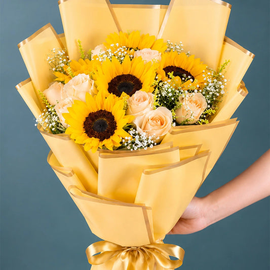 5 Sunflowers & 6 Peach Roses Sea Green Bouquet - Birthday & Friendship Gift