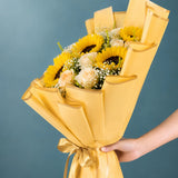 5 Sunflowers & 6 Peach Roses Sea Green Bouquet - Birthday & Friendship Gift