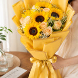 5 Sunflowers & 6 Peach Roses Sea Green Bouquet - Birthday & Friendship Gift