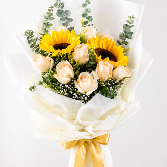 2 Sunflowers & 10 Peach Roses Eucalyptus Bouquet - Fresh Birthday & Mother's Day Gift