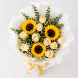 2 Sunflowers & 10 Peach Roses Eucalyptus Bouquet