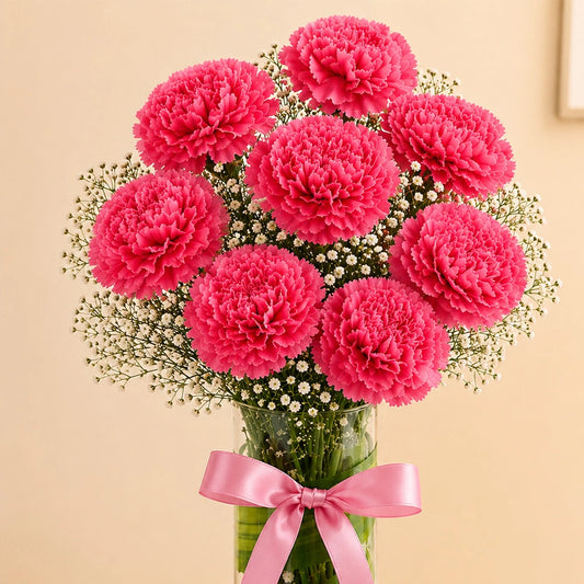 8 Red Carnations Glass Vase Arrangement - Fresh Mother's Day & Anniversary Gift