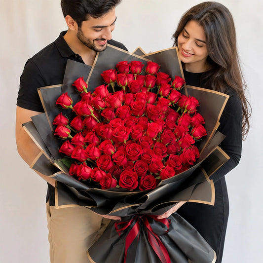 80 Red Roses Black Wrap Grand Bouquet - Bold Anniversary & Valentine's Day Gift