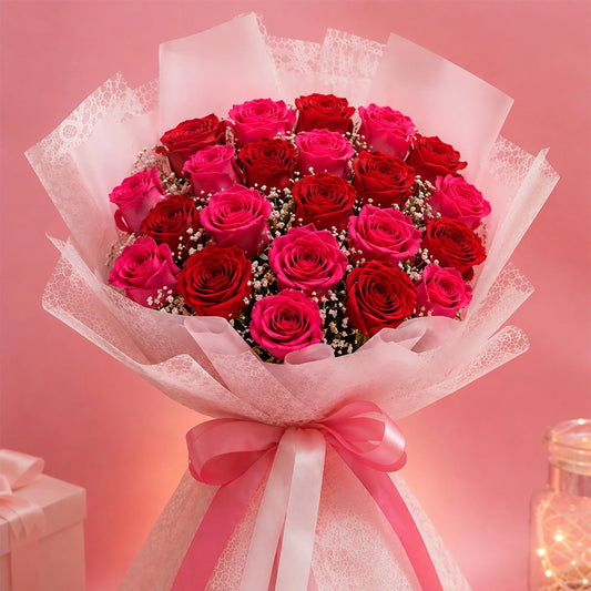 10 Pink & 10 Red Roses Two-Tone Dual Affair Bouquet - Anniversary & Wedding Gift