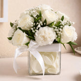 10 White Roses & 5 White Carnations Square Vase Arrangement