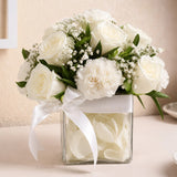 10 White Roses & 5 White Carnations Square Vase Arrangement