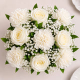 10 White Roses & 5 White Carnations Square Vase Arrangement