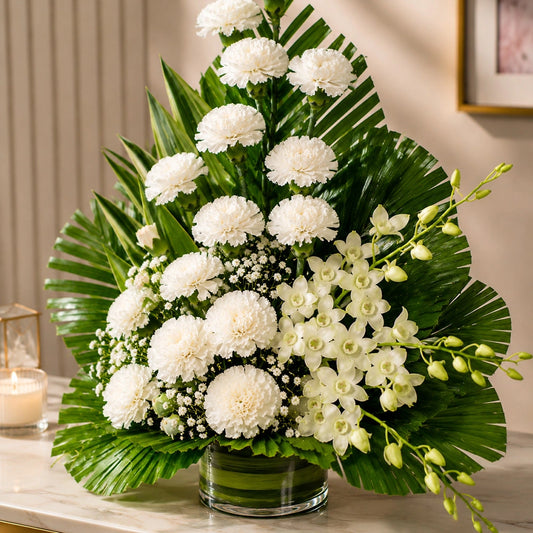20 White Carnations & Orchid Tropical Basket Arrangement - Anniversary Gift
