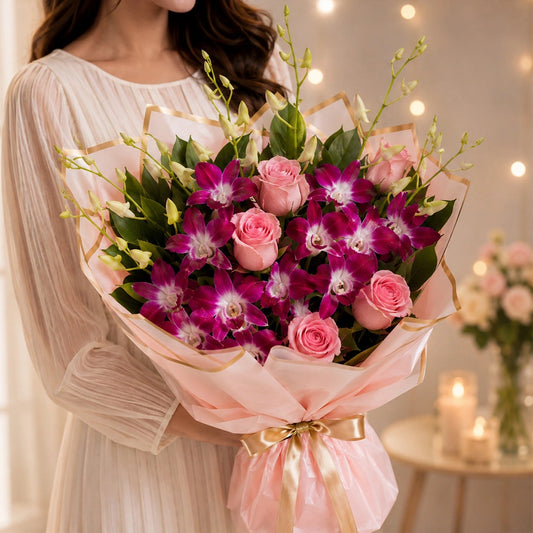 Purple Orchids & Pink Roses Royal Peach Bouquet - Birthday & Anniversary Gift