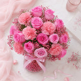 12 Pink Roses & 5 Carnations Cylindrical Glass Jar