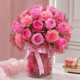 12 Pink Roses & 5 Carnations Cylindrical Glass Jar