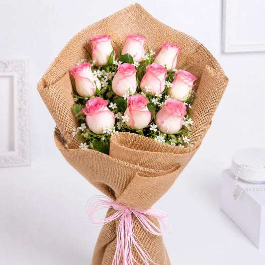 10 Pink Roses Rustic Jute Bouquet - Romantic Birthday & Anniversary Gift