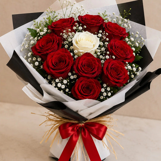 9 Red & 1 White Rose Black & White Wrap Bouquet - Anniversary & Birthday Gift