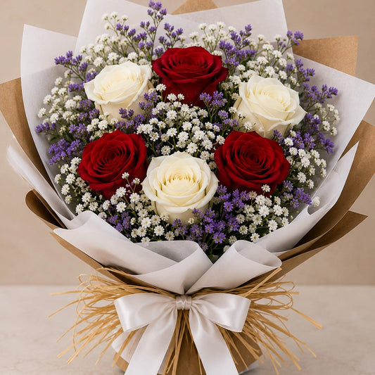 3 Red & 3 White Roses Mixed Bouquet with Limonium - Birthday & Anniversary Gift