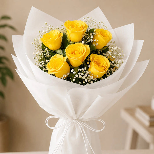 6 Yellow Roses Sunshine Bouquet - Fresh Friendship Day & Birthday Flower Gift