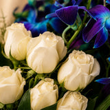 6 Blue Orchids & 6 White Roses Cascade Bouquet - Premium Anniversary Gift