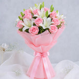 6 White Lilies & 10 Pink Roses Mixed Bouquet - Anniversary & Mother's Day Gift