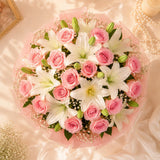 6 White Lilies & 10 Pink Roses Mixed Bouquet - Anniversary & Mother's Day Gift