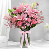 Pink Lily & Carnation Purple Vase Arrangement - Birthday & Anniversary Flower Gift