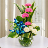 Orchid, Rose & Carnation Round Glass Vase