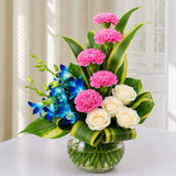 Orchid, Rose & Carnation Round Glass Vase
