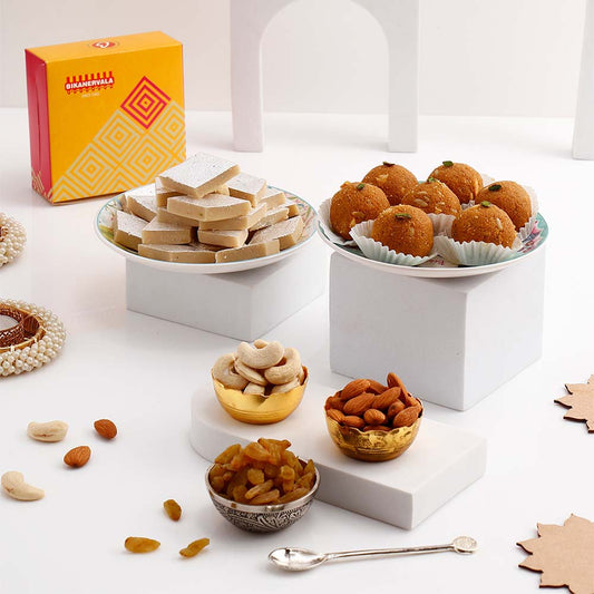Goodness Hamper - Kaju Barfi, Besan Ladoo and Dry Fruits