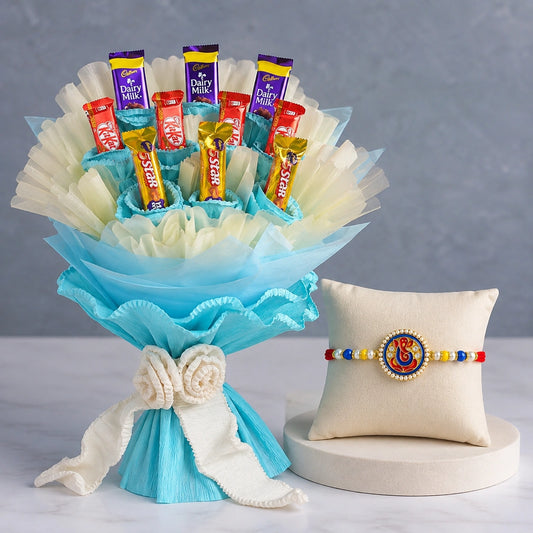 Ganesha Rakhi With Bouquet Of Chocolates In Blue And White Paper Packing