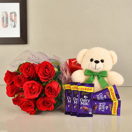 8 Red Roses Bouquet - Teddy bear (6 inch) - 5 Dairy Milk (13.2 gm)