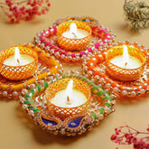 Handmade Pearl Emblished Diya Set of 4