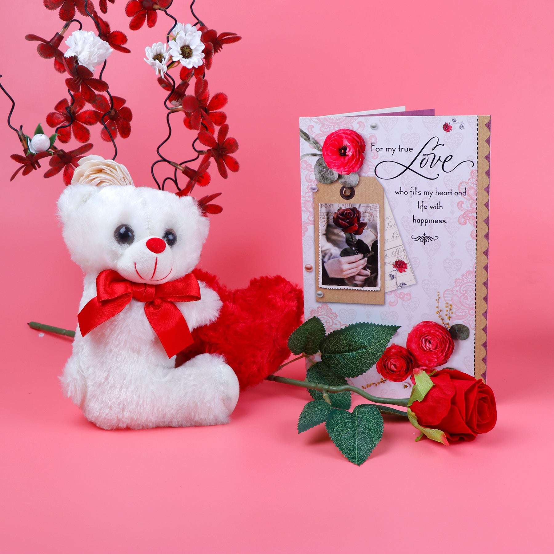 Cute Teddy Bear with Rose and Greeting Card