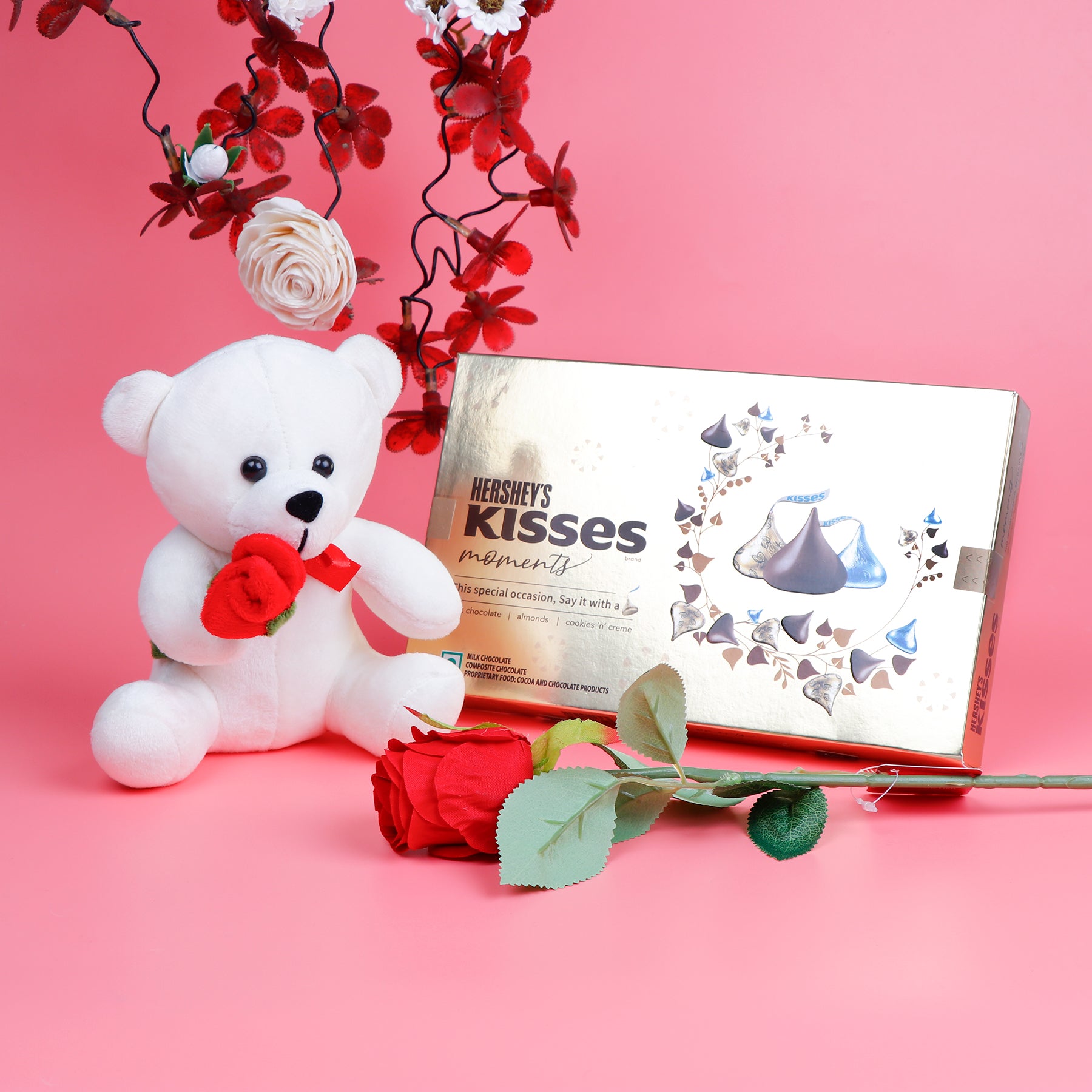 Sweetheart Teddy Bear with Hershey Chocolate and Rose