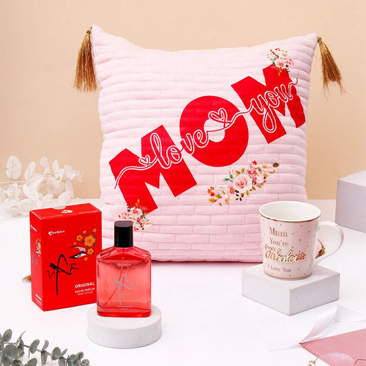 Pink Cushion with Tassels With Mug And Archies UXR Perfume