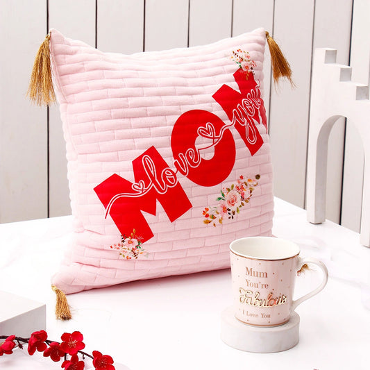 Pink Cushion with Tassels With Mug