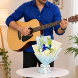 White Roses & Blue Orchid Bouquet with Guitarist
