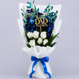 6 Blue Orchids & 6 White Roses Cascade Bouquet