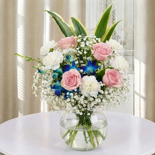 Orchid, Rose & Carnation Round Glass Vase