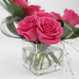 12 Dark Pink Roses Square Glass Vase Arrangement