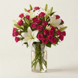 50 Pink Roses & 6 White Lilies Premium Glass Vase