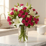 50 Pink Roses & 6 White Lilies Premium Glass Vase