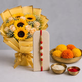 1 Pearl Rakhi With 5 Sunflowers & 6 Peach Roses Sea Green Bouquet