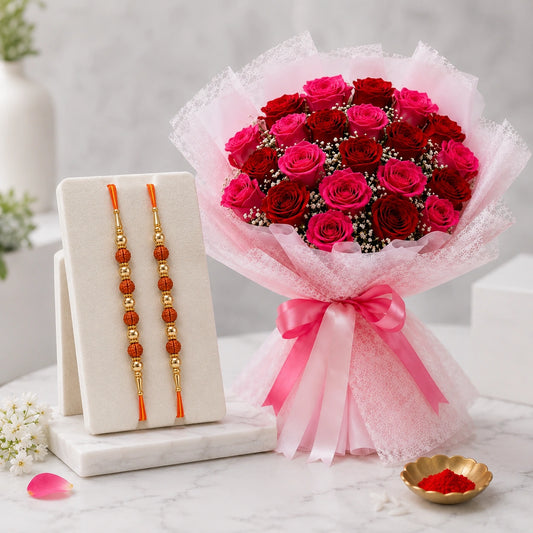 2 Rudraksh Rakhi with 10 Pink & 10 Red Roses Two-Tone Dual Affair Bouquet