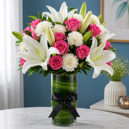 Pink Roses, White Carnations & Oriental Lily Cylindrical Vase